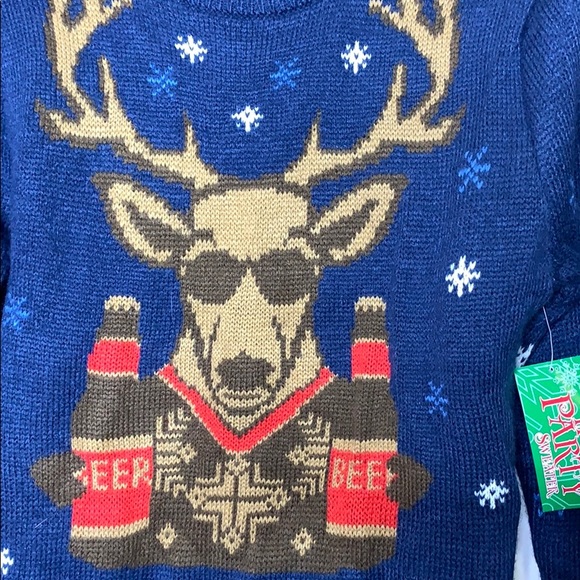 Kohl’s | Christmas Sweater Navy Blue Deer Two Beers Holiday Sweater Unisex NWT S - Picture 4 of 10